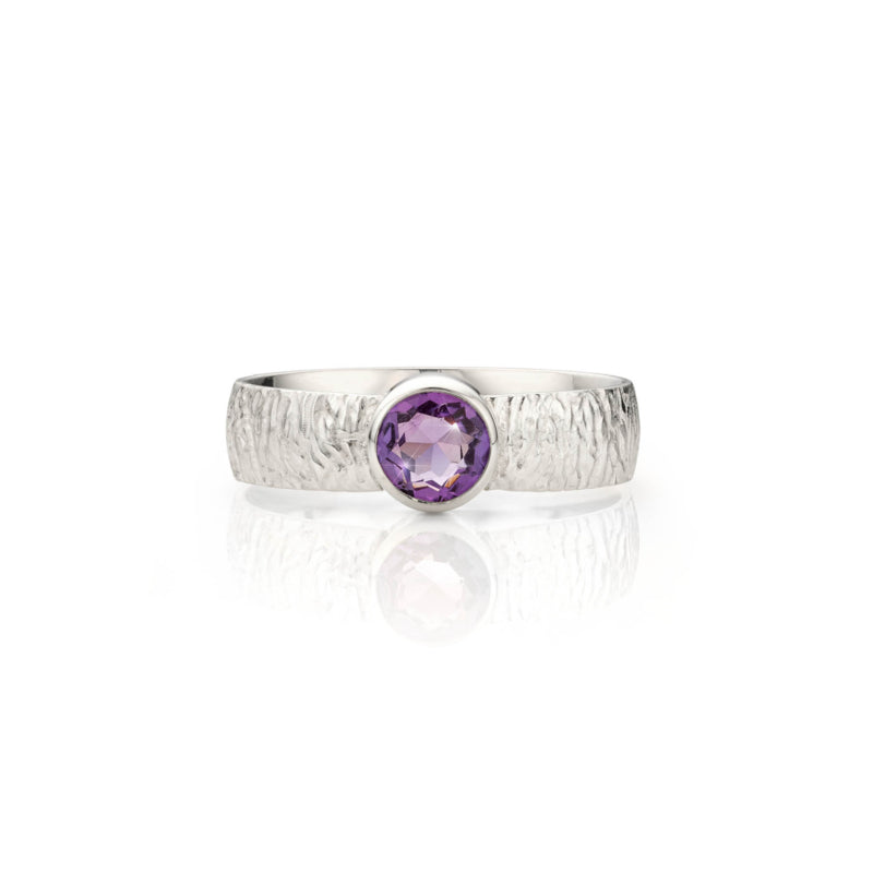 Gestructureerde zilveren ring met Amethyst - Brushed Collectie - Geboortesteenring Februari