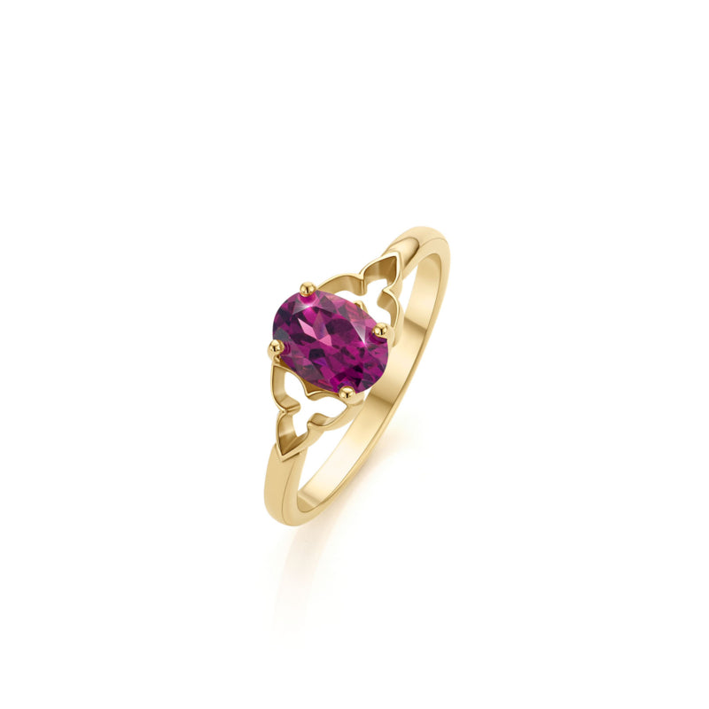 Geelgouden ring Rhodoliet Granaat Trefoil