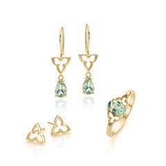 Geelgouden Oorhangers met Glanzende Groene Toermalijn - Trefoil Collectie - Natuurlijke Lichtgroene edelsteen - Geboortesteen Oktober