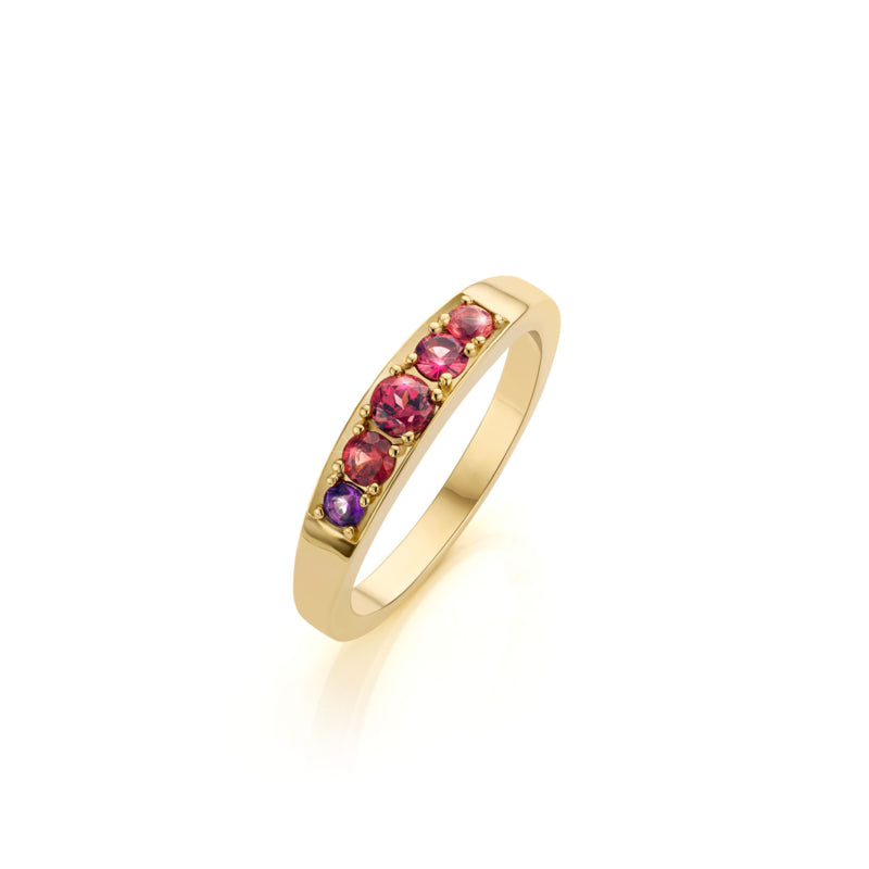 14 karaat geelgouden damesring met warme kleur edelstenen