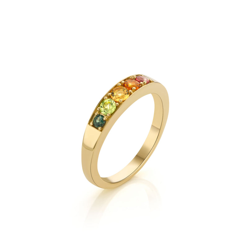 Edelstenen in alle kleuren van de regenboog in een Geelgouden Ring