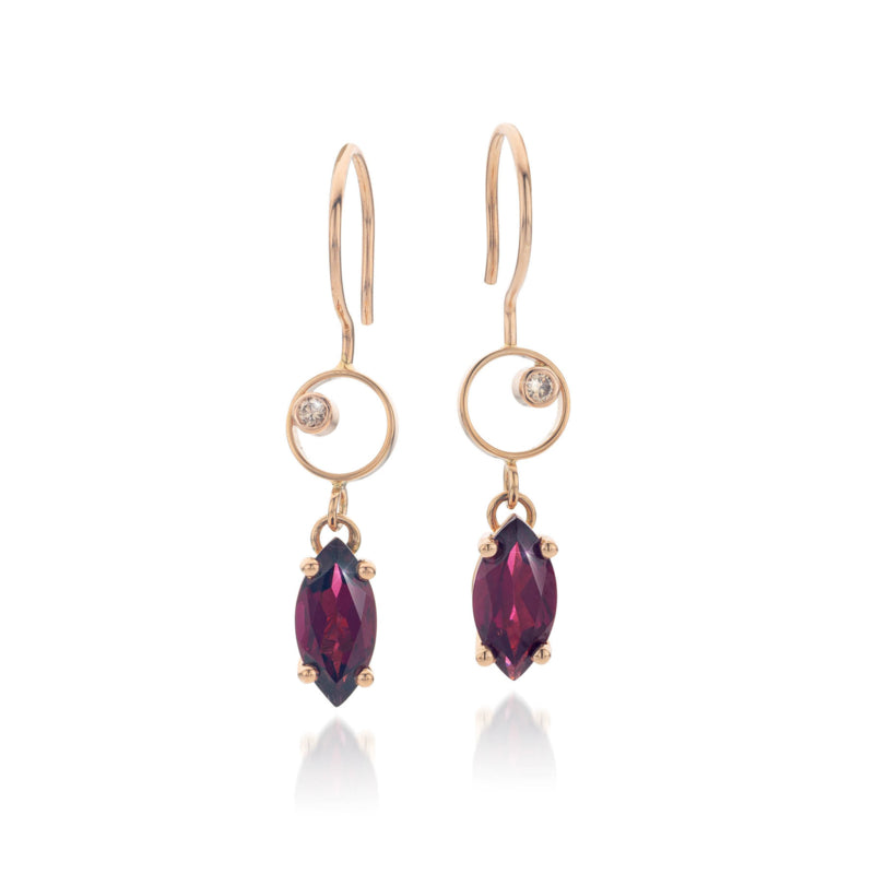 Roodgouden oorbellen met bruine Diamant en Rhodoliet Granaat - One of a Kind Rosé kleur Oorbel - Echte Edelstenen - 14 Karaat Roodgoud -Eyecatcher