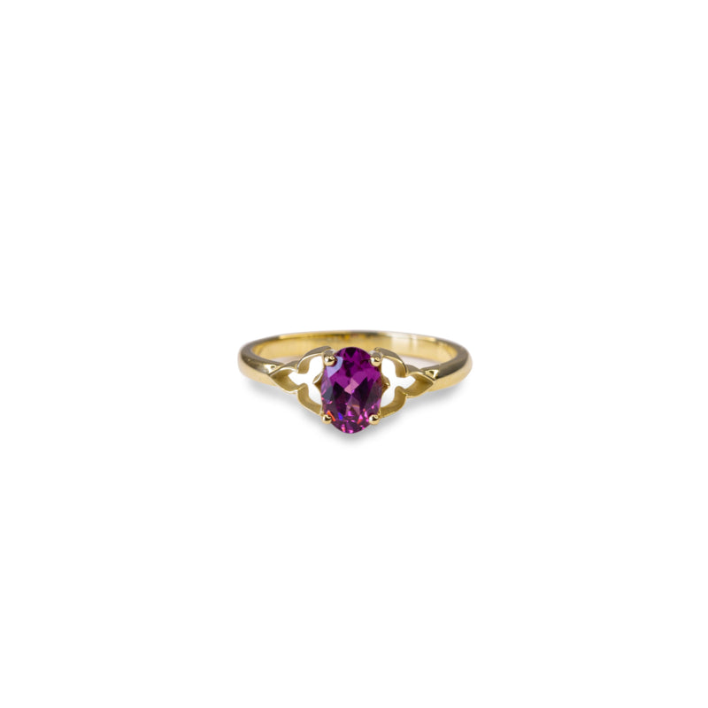 Geelgouden ring Rhodoliet Granaat Trefoil